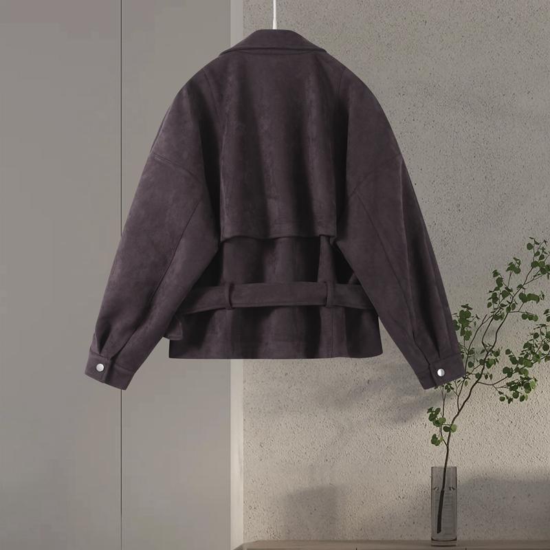 Fashion Women's Short Suede Jackets Belt Lapel Puff Long Sleeve Zipper Pockets Coats 2025 Spring Lady Vintage Street Outwears