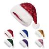Sequin Christmas Hat Plush Solid Color Sparkle Santa Claus Hat with Long Fluffy Pompom for Adult Christmas Party Decoration