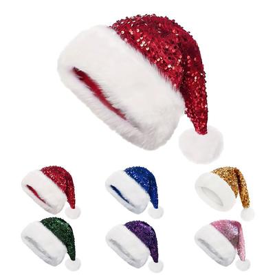 Sequin Christmas Hat Plush Solid Color Sparkle Santa Claus Hat with Long Fluffy Pompom for Adult Christmas Party Decoration