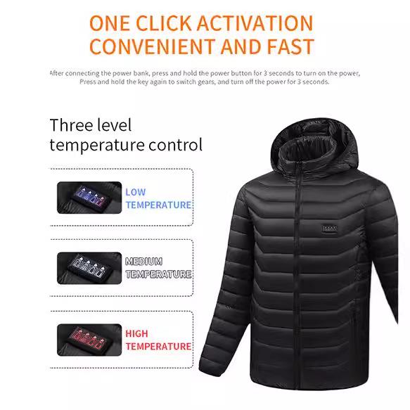 7.4V Heated Hooded Cotton Jacket with Four Controls and 25 Heating Zones for Outdoor Warmth