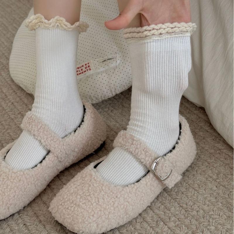 Women's Spring and Autumn Solid Color Versatile Knit Lace Mid Tube Stack Socks