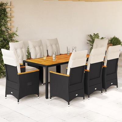 Vidaxl 9-Cz. Bistro Furniture Set with Cushions, Black, Poly Rattan