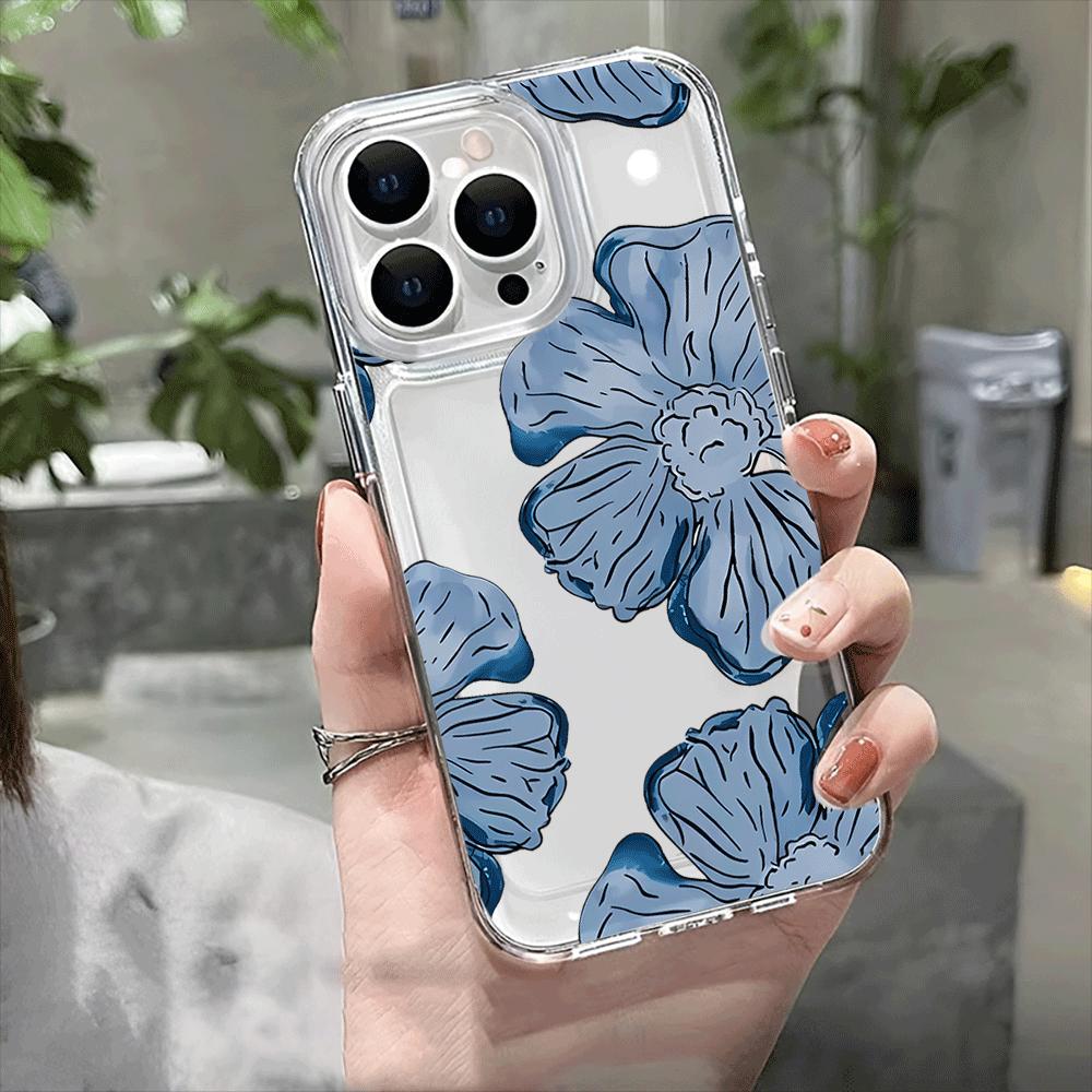 Transparent Large Hole Ink Flower Phone Case iPhone 15 Pro Max 11 12 13 16 14 Plus Silicone Shockproof Case Lens Protector Shell