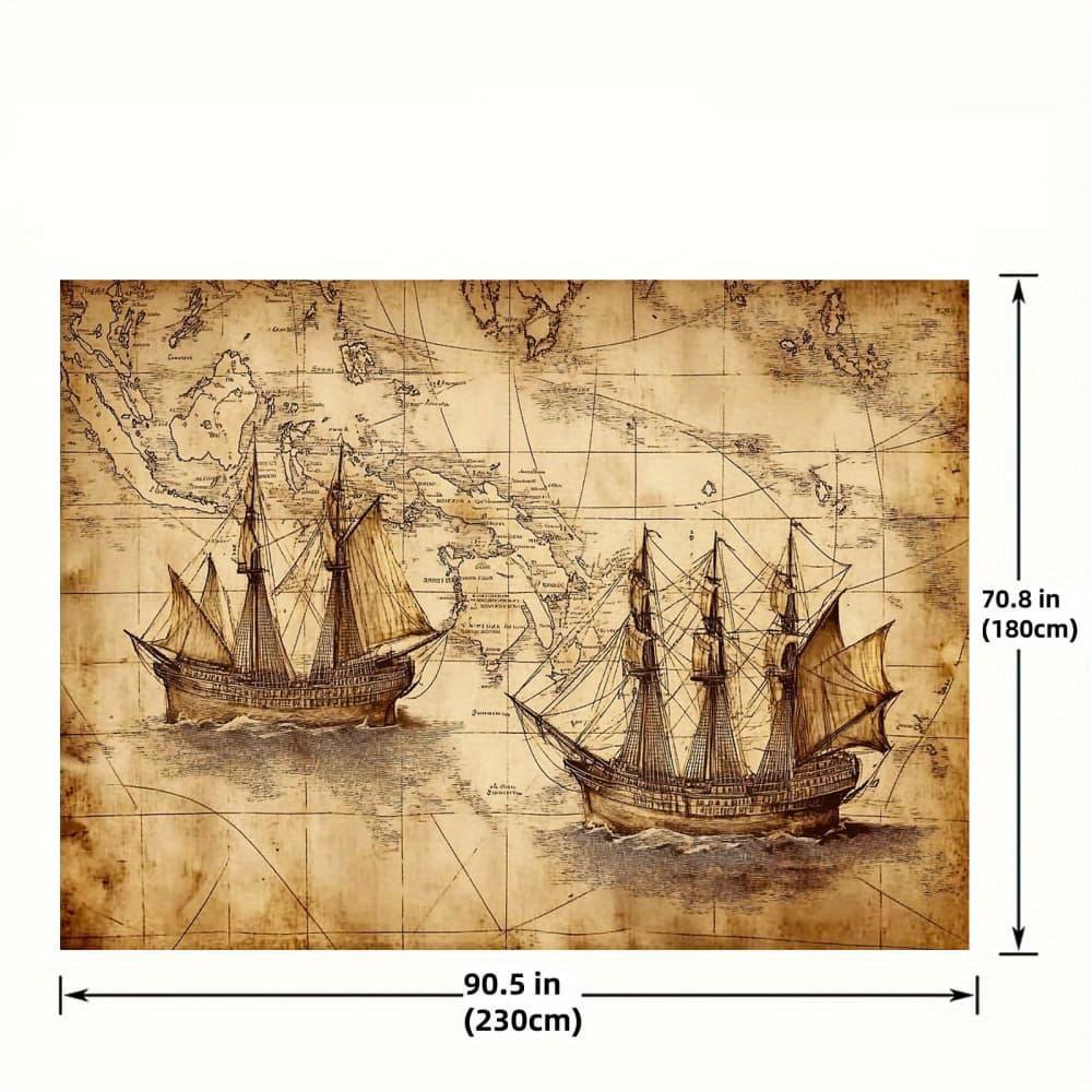 2Dflat1 antique world map canvas featuring designs of ships at sea - suitable for use as a banner in the living room office
