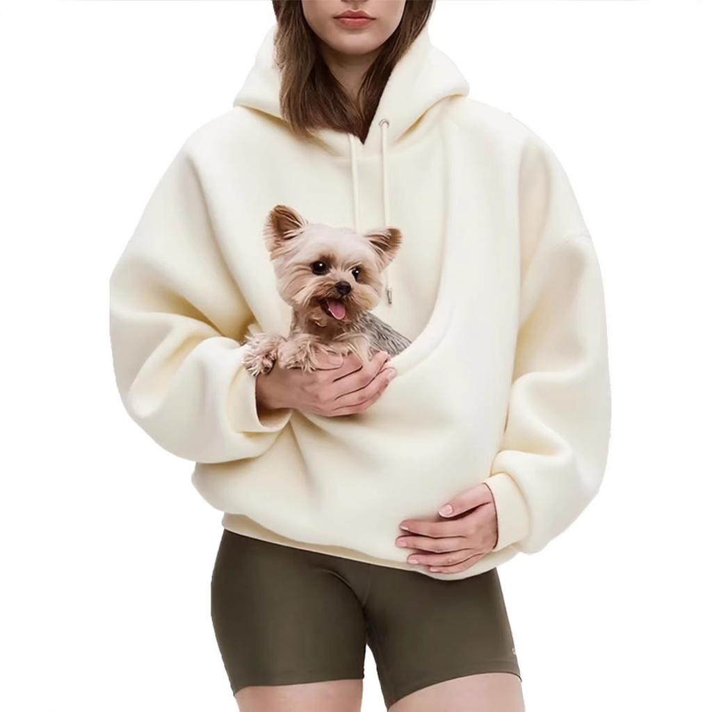 New Women's Loose Pullover Hoodie, Solid Color Plush Pet Pouch, Autumn Winter European American Style Crossborder Top