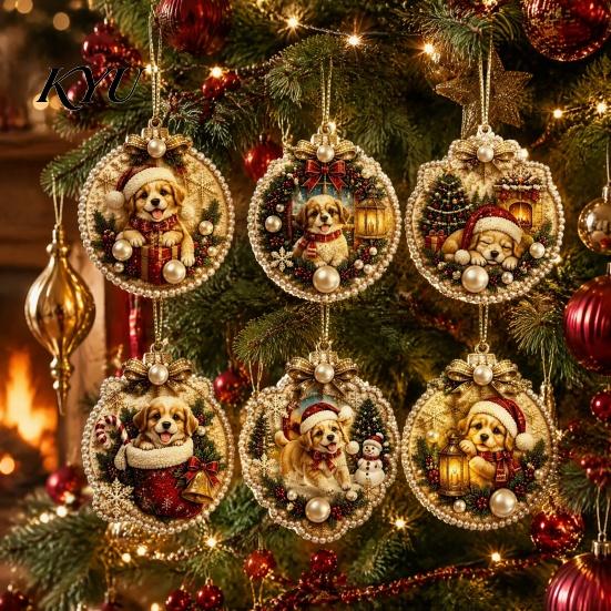 Acrylic Santa Hanging Ornaments 6 Pcs Christmas Pearl Art Ornaments, 2D Flat Holiday Tree Pendant, Decorations Effect Decoration for Home Wall