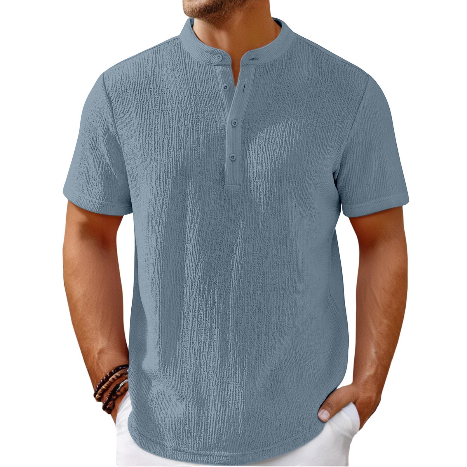

Textured Short - Sleeve Henley Shirt Loose and Comfortable Men s Casual Shirts XXXXL морской синий