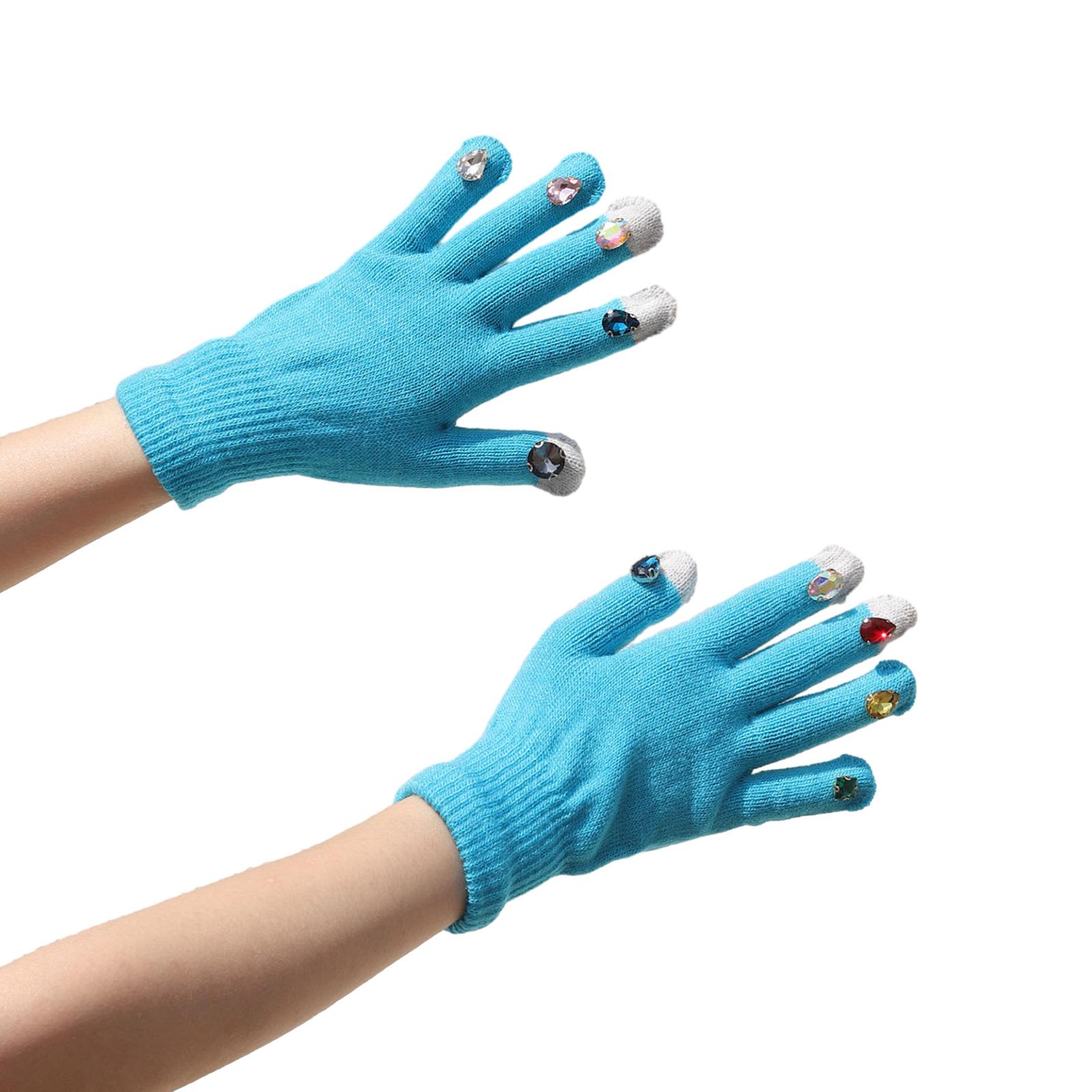

Color Rhinestone Decor Knitted Gloves Winter Full Finger Mitten Thicken Warm Christmas Multiple Color Gloves for Girls світло-синій колір