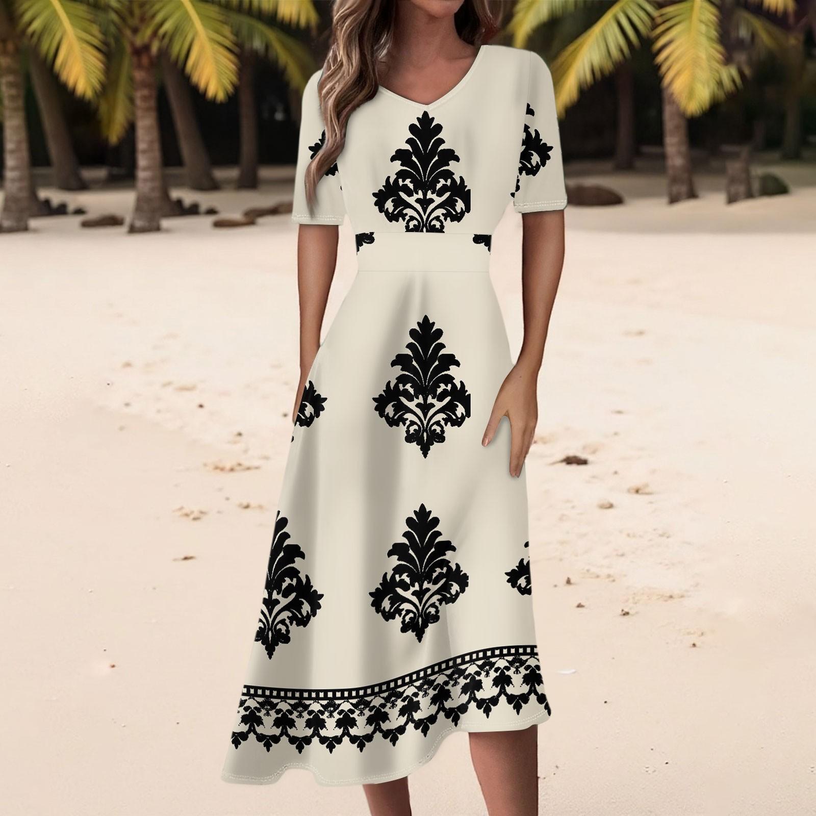 Women s Casual Fashion Retro Printed V-neck Short-sleeved Waist-length Dress L