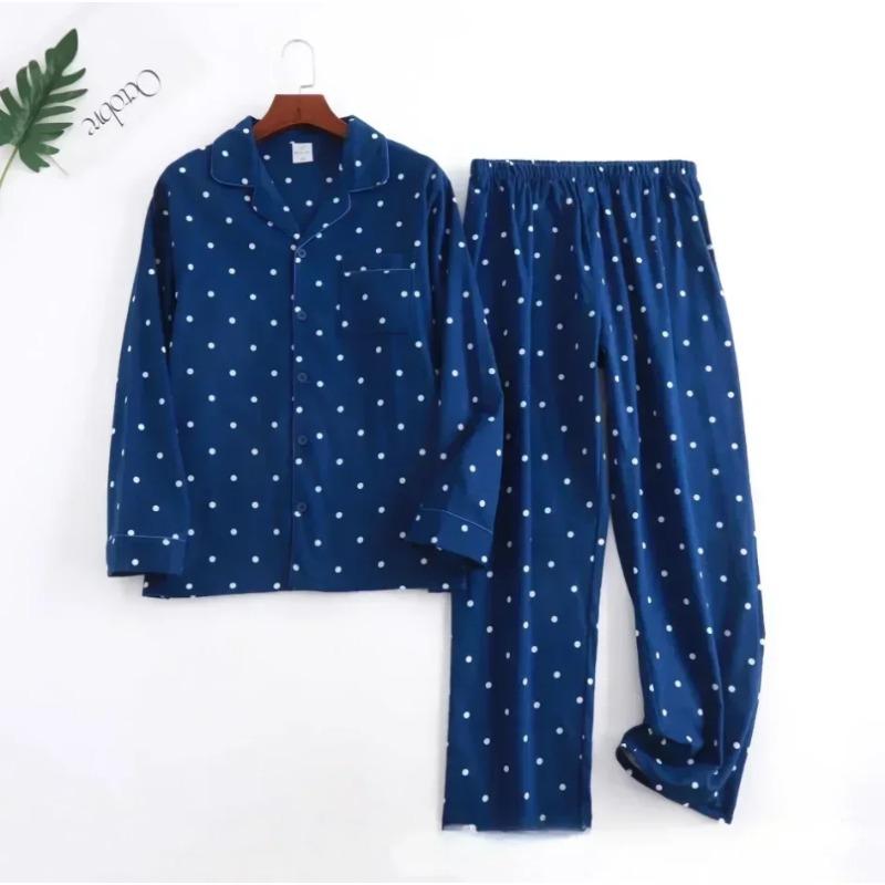 Rutet design Flerfarget Varm bomullsflanell Langermet Bukser Pyjamas for menn Høst og Vinter Hjemmeklær Nattøy Sett