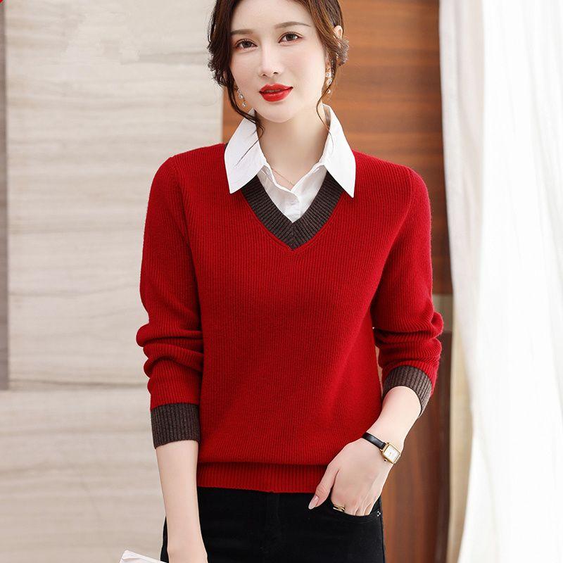 Elegant French-Inspired Faux Twinset Knit Sweater for Women - Chic Long Sleeve Pullover with Collar, Perfect for Fall/Spring