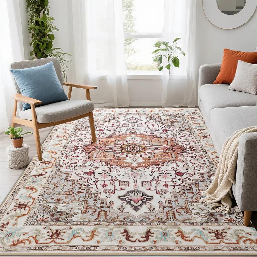Washable Vintage Area Rugs  Low Pile Carpet, Non-Slip Distressed Rug for Bedroomn Living Room, Dining Room, Non-Slip, Low Pi