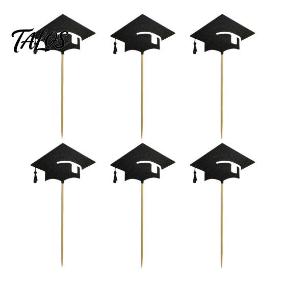 Hat Cake Decoration 6 Pcs Graduation Toppers, Mini Grad Cap Cupcake Black Burr-free Glitter Food Appetizer Picks for Class of 2026 Party Supplies
