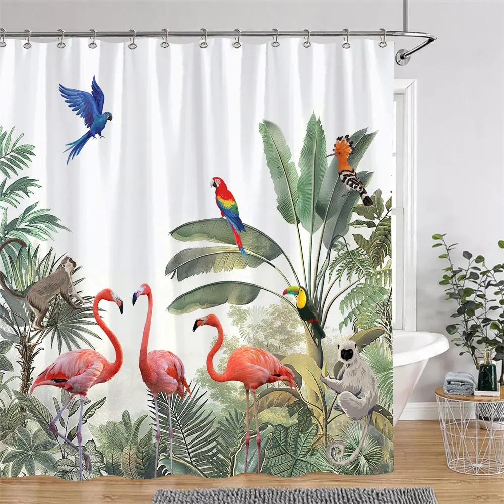 Tropical Botanical Jungle Animal Shower Curtain Coconut Flamingo Giraffe Bluebird Polyester Fabric Shower Curtain Bathroom Decor