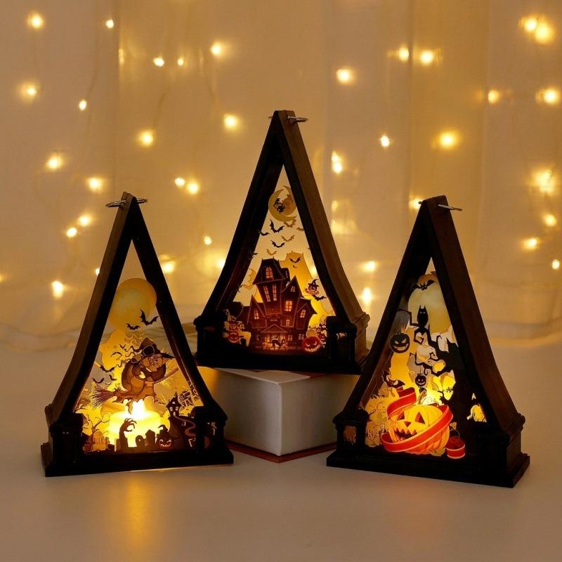 Halloween Night Light Decoration Tabletop Pumpkin Lantern with Triangular Frame and Cutout Design for Indoor Seasonal Display