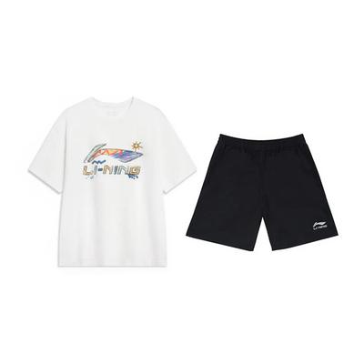 Li-Ning Hand-Painted Large Logo Print Fashion Vintage Cute Versatile Crew Neck Pullover Short Sleeve T-Shirt Casual Sports Set AHSU745-2+YKSV147-2