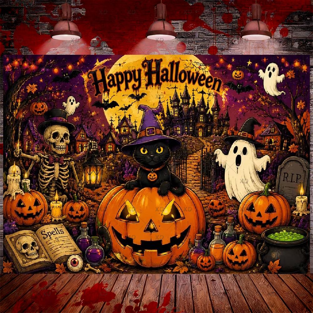 Halloween party decorations: backdrop, evil clown, skull balloon, background decor, scary haunted house, b19
