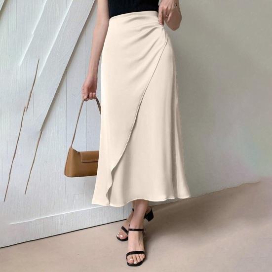 Women Midi Skirt High-Waisted Fishtail Design Imitation Silk Skirt Smooth