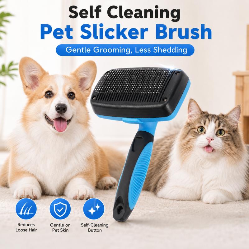 Self cleaning Pet Slicker Brush Plastic12cmWide One Button Hair Release for Dog Cat Shedding Floating Fur Home Grooming Supplies