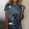 Cartoon Cat Pattern T-Shirt For Women Star Moon 3D Printed T Shirts Summer Fashion Street Tees Short Sleeves Crew Neck Tops