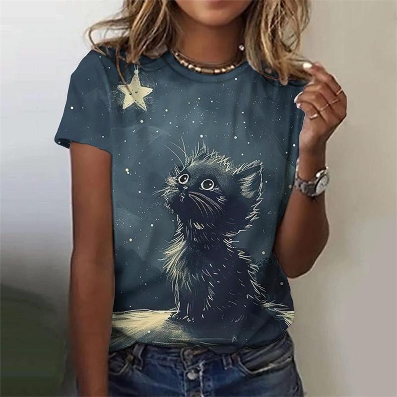 Cartoon Cat Pattern T-Shirt For Women Star Moon 3D Printed T Shirts Summer Fashion Street Tees Short Sleeves Crew Neck Tops