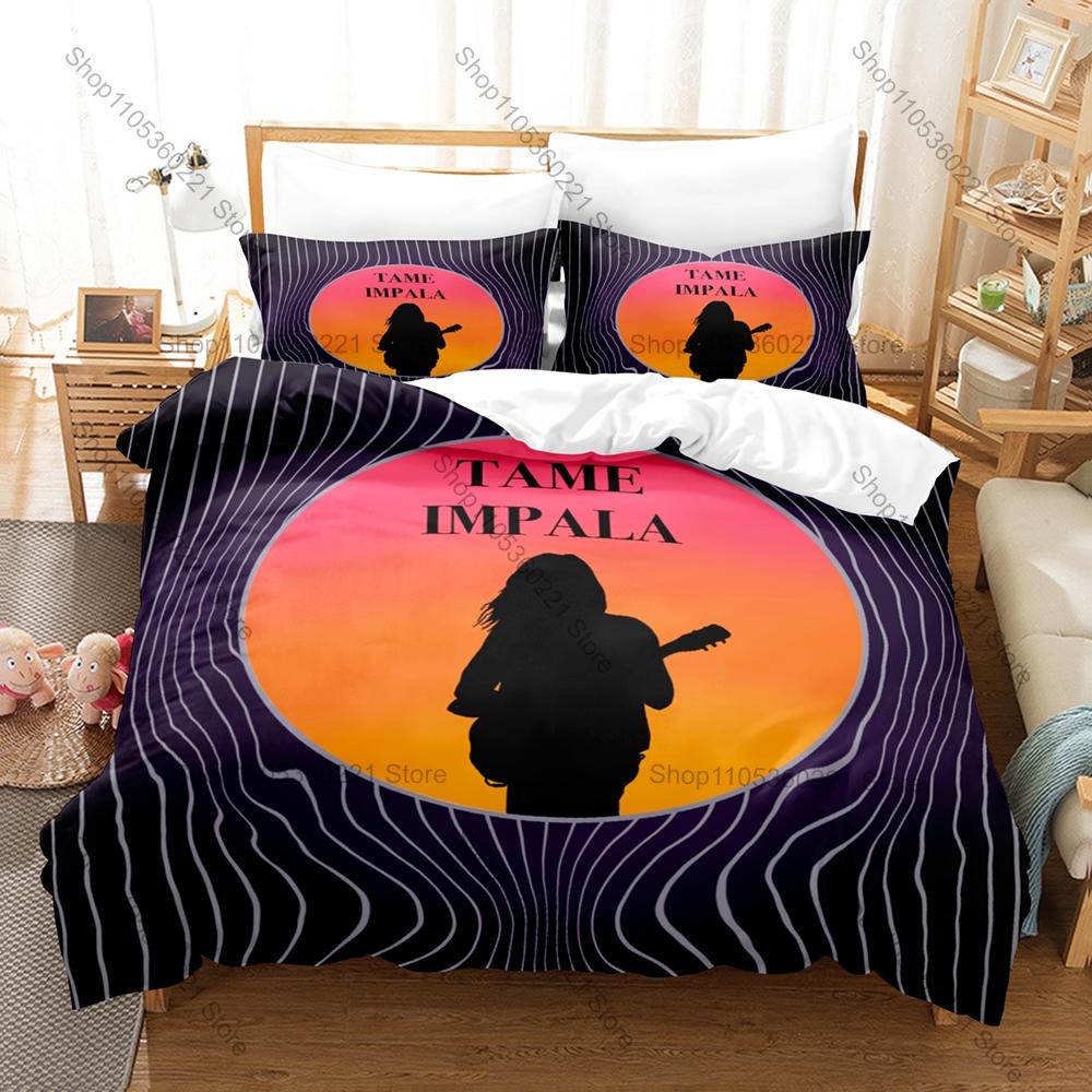 T-Tame Impala Duvet Cover + 2 Pillowcases Soft Gradient Cosmic Line Art Print Soft Quilt Cover Set Australian Legend Rock Band
