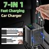 7-in-1 Retractable Car Charger Fast Charging USB Type-C Power Adapter With LED Retractable Cable for iPhone Xiaomi