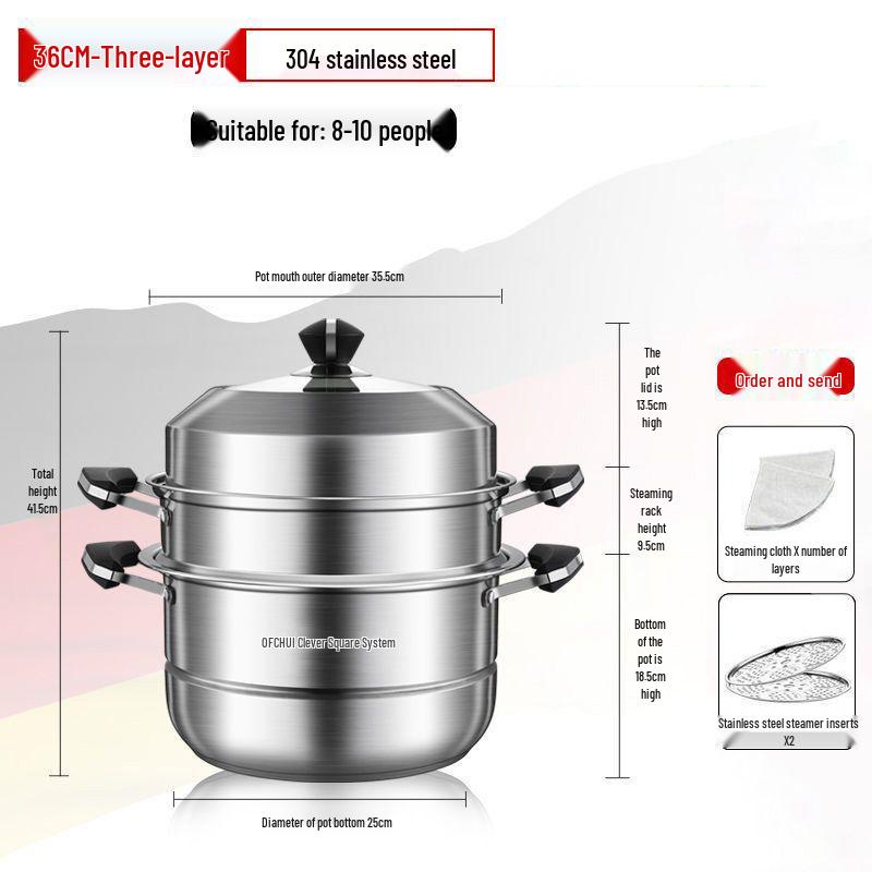 Large 304 Stainless Steel Three-Layer Household Steamer for Induction and Gas Stoves