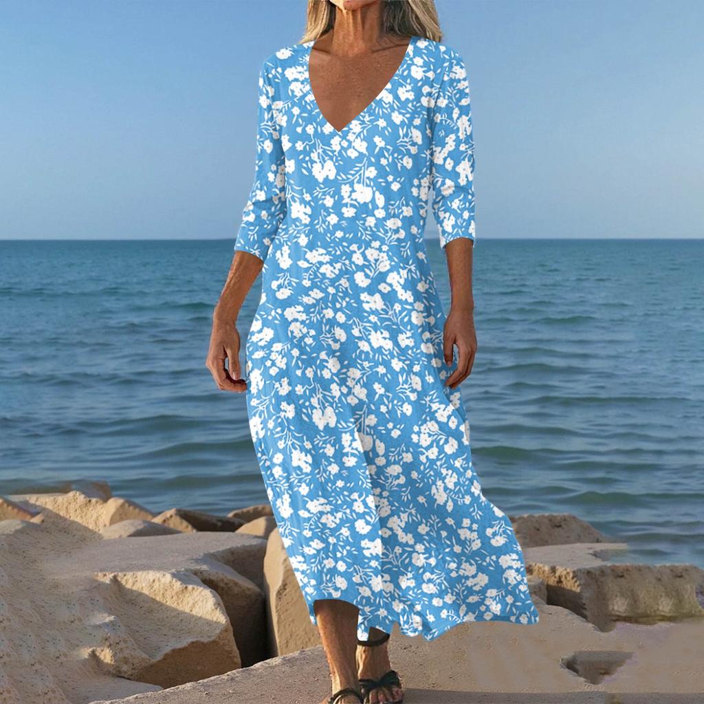 Dresses For Womens Vintage Print Tunic Waisted Midi Dress Summer Casual 3/4 Sleeve Dress