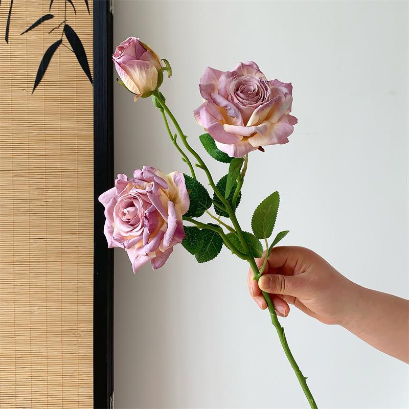 Fiore di Rosa Simulato a 3 Teste, Fiore Secco, Fiore Artificiale, Bouquet, Decorazione per Soggiorno, Oggetti di Scena per Foto