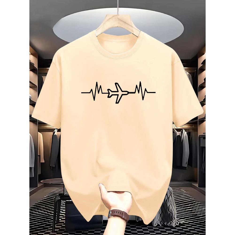 Summer Men's Geometric Airplane Print Fashionable Casual Loose Sports Round Neck Short Sleeved T-shirt Top