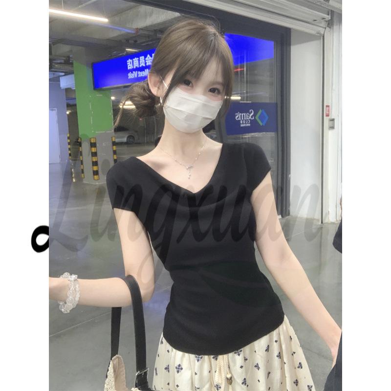 Spring/Summer Korean Style Off-Shoulder Tencel Lightweight Knitted Slim Fit Short-Sleeve Top One Size