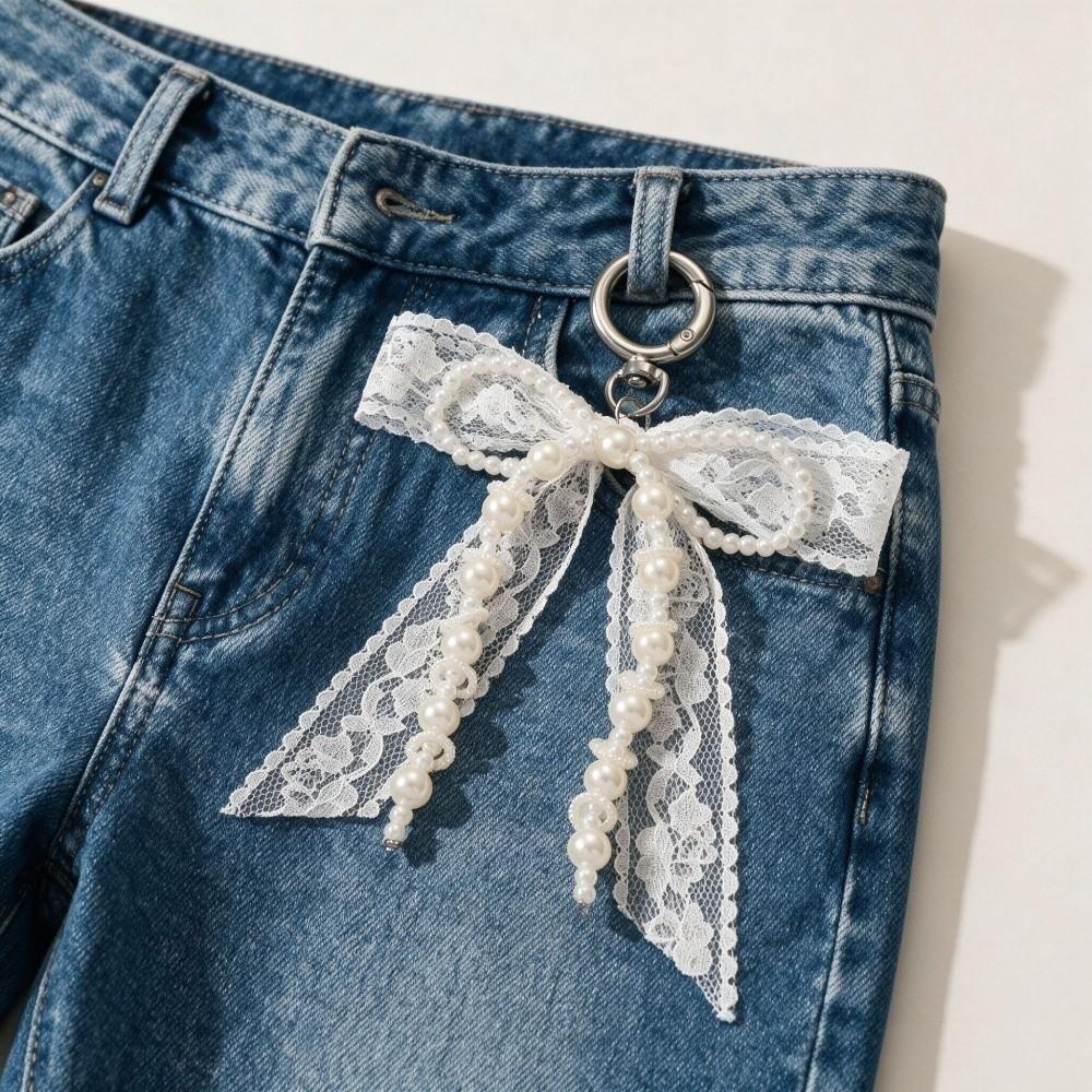 Pearl Beaded Bow Ribbon Keychain Y2K Bag Charm Sweet Lace Bow Keychain  Phone Decoration