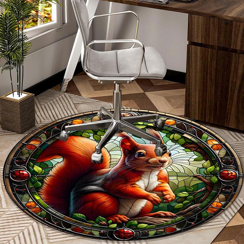 Squirrel And Acorns Stained Glass round carpet Chair cushion Round Entryway Rug, Soft Round Rugs for Living Room, Bedroom, Circle Carpet decor gifts