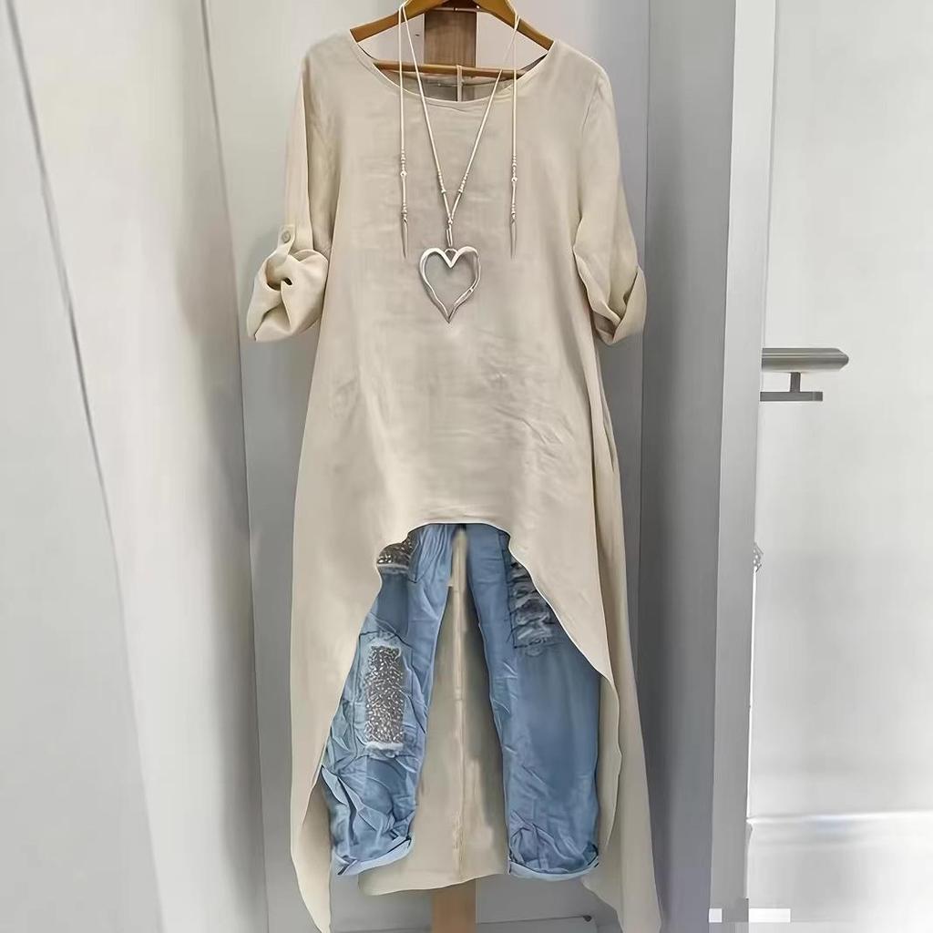 Women's Linen Irregular Long Top - Round Neck, Loose Fit, High-Low Hem, Versatile Fashion Shirt