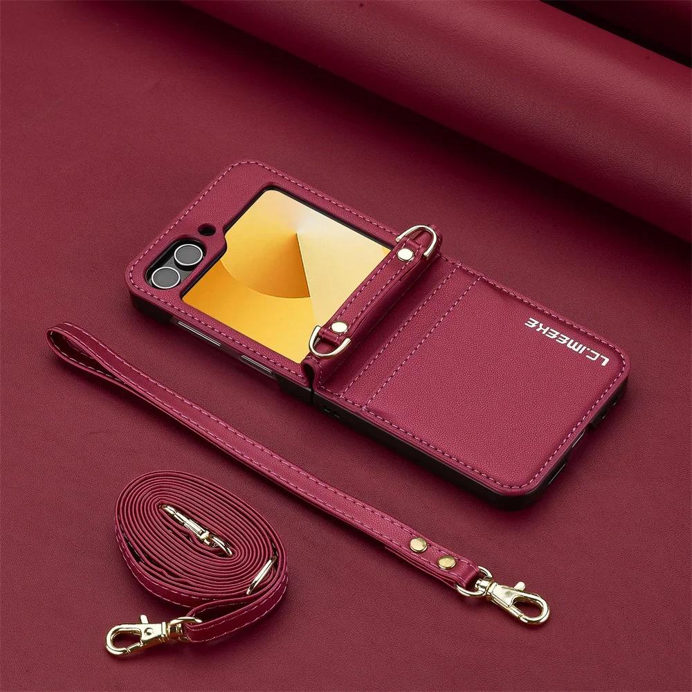 Crossbody Wallet Case For Samsung Galaxy Z Flip 6 5 4 3 Flip6 Flip5 Flip4 Flip3 5G Card Holder Hand Strap Lanyard Leather Cover