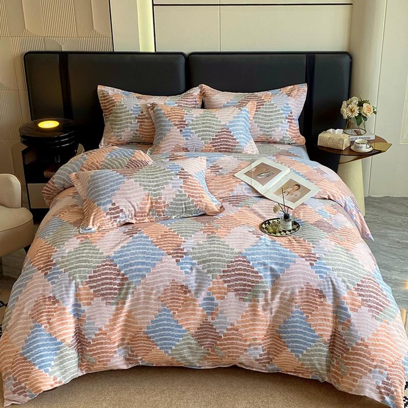 Set din patru piese din bumbac îngroșat și abradat, husă de pilota cu imprimeu, din bumbac pur, de lux, ușoară, cu abraziune, set de cearșaf de pat 4 piese