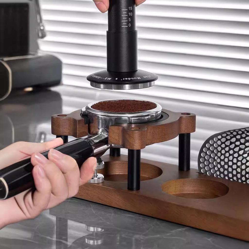 Multi-Functional Solid Wood Coffee Tamper & Distributor Base with Handle Holder