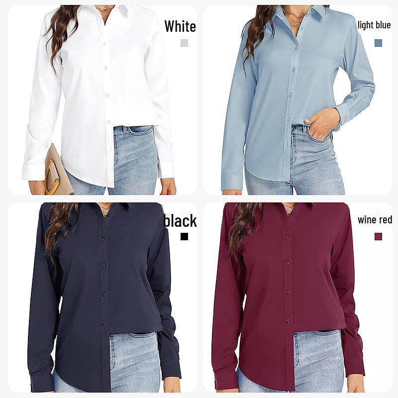 Women's Mid-Length White Polo Collar Casual Long-Sleeved Shirt
