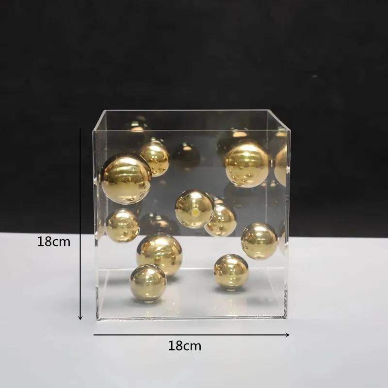 Abstract Art Metal Ball, Square Transparent Acrylic Container Box, Desktop Decoration Model, Home Decoration Crafts, Gifts