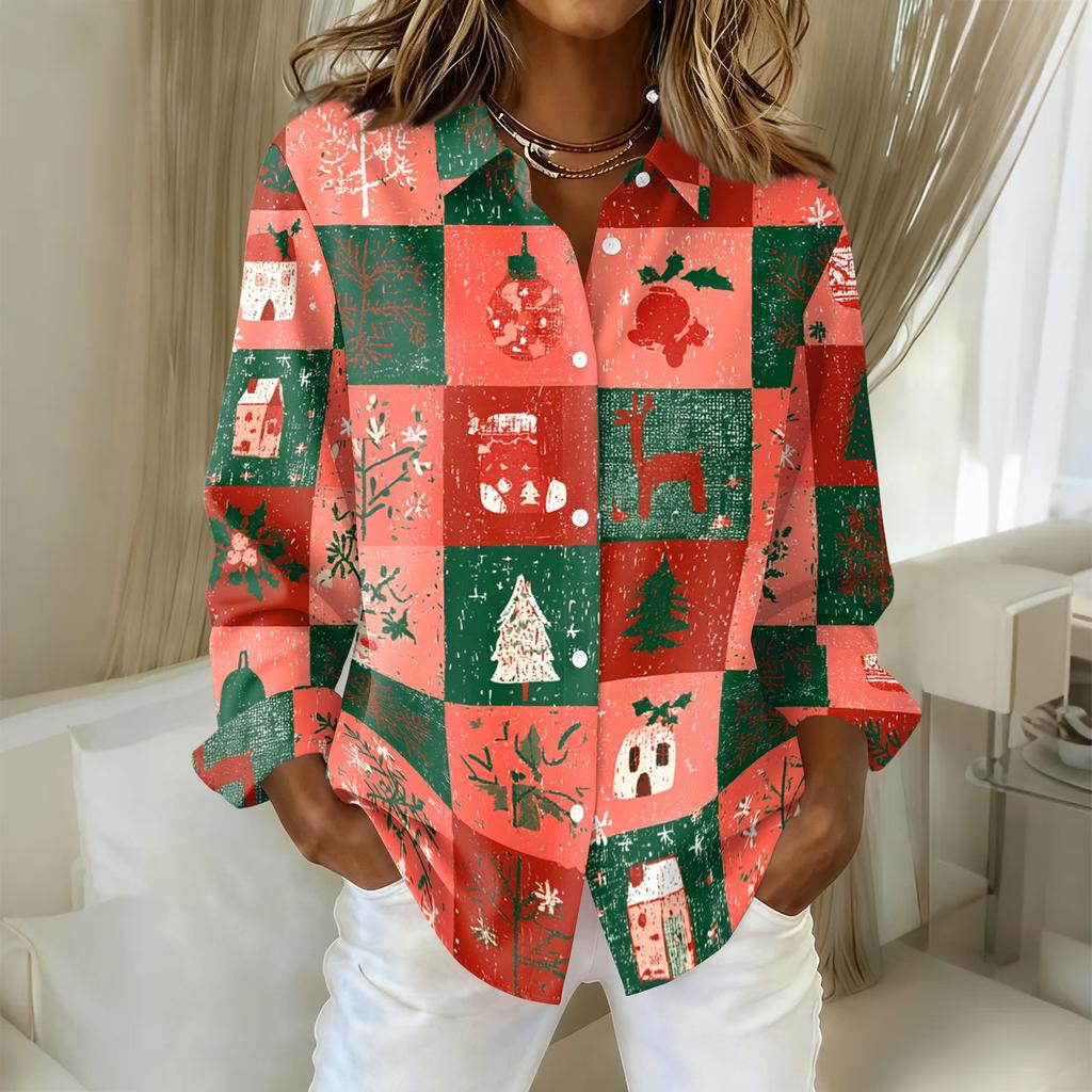 Women's Casual Long Sleeve Christmas Print Cardigan Top for Holiday