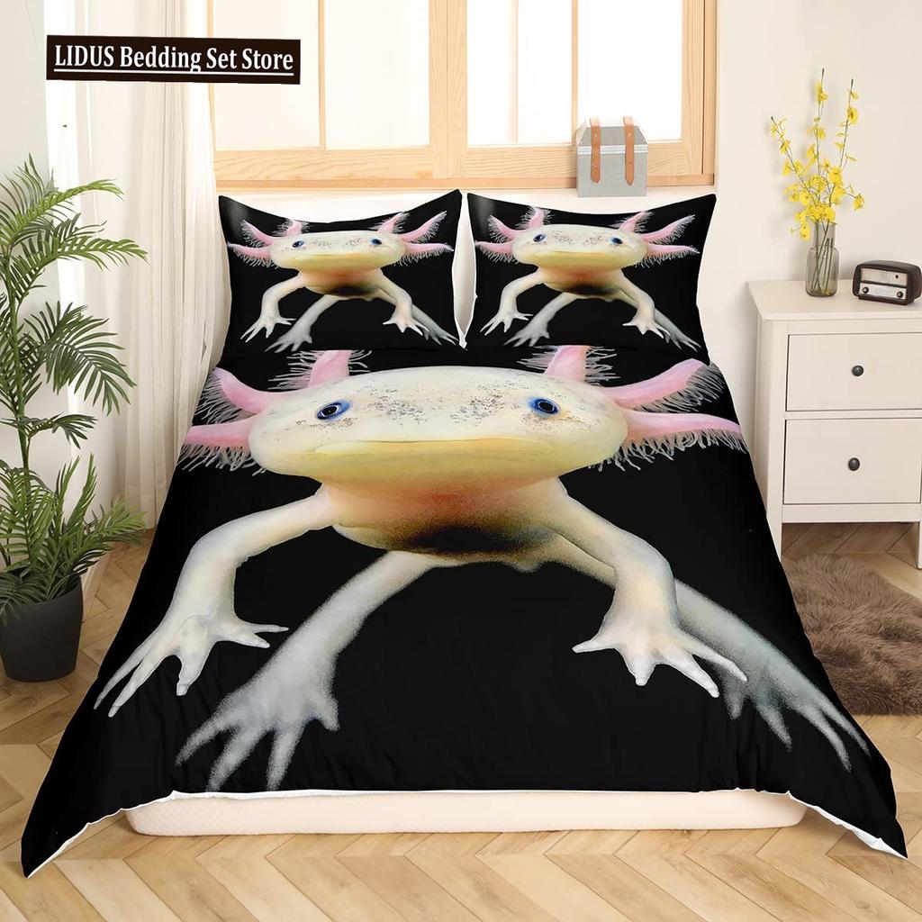 Cute Axolotl Duvet Cover Set Full Size Cartoon Salamander Bedding Set Kawaii Animals Comforter Cover Constellation Black Decor