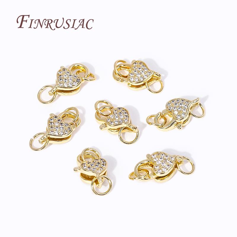Fermoirs mousqueton en laiton plaqué or 18 carats Cœur/Ronds avec Anneau Ouvert, Fermoirs Incrustés de Zircon pour Bracelets Connecteurs Fermoirs Bijoux DIY