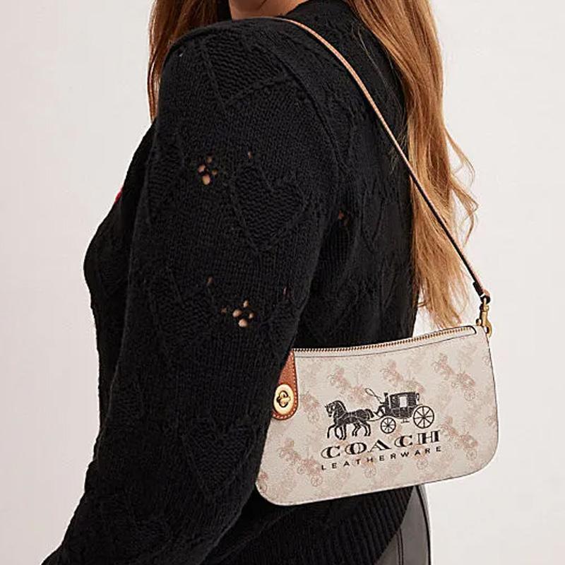 Coach Signature Canvas Shoulder Bag, Vintage Horse & Carriage Logo Classic Handbag with Gold Hardware, Women's Daily Travel CM712-B4TXF