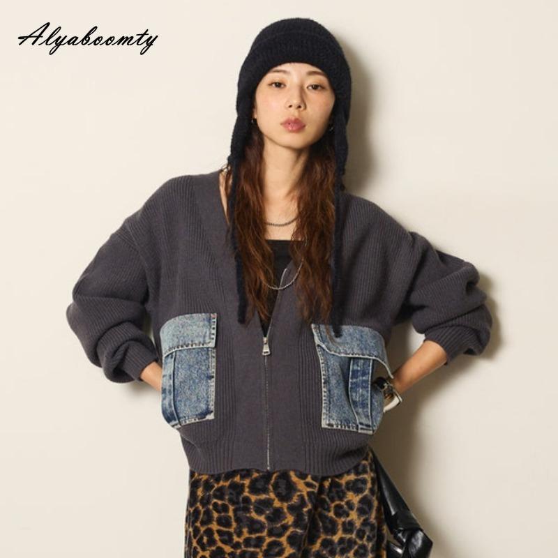 Koreanische Mode Herbst Winter Damen Strickjacke V-Ausschnitt Schwarz Grau Aprikose Gestrickte Oberbekleidung Lässig Locker Damen Denim Patchwork Stilvoller Mantel