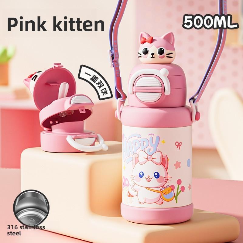 Cartoon Pattern Cat Children Vacuum Flask With Carry Strap For School And Travel
