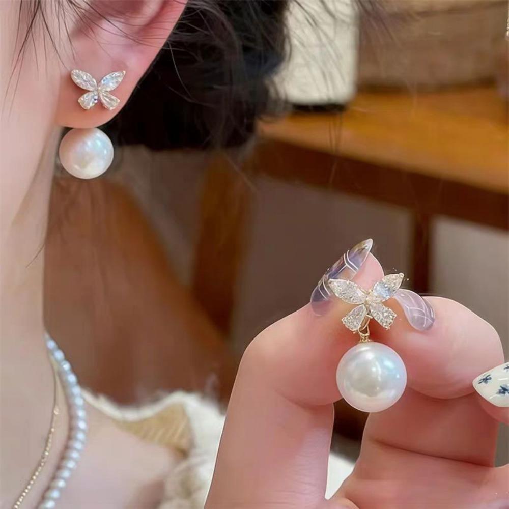 New Korean Crystal Butterfly Pearl Drop Earrings Gold Color Zircon Bowknot Round Pearl Dangle Earrings for Women Wedding Jewelry