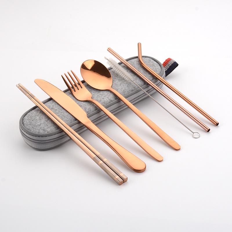 Cross-border Stainless Steel Travel Cutlery Set: Knife, Fork, Spoon, Straw, Chopsticks, and Portable Bag.