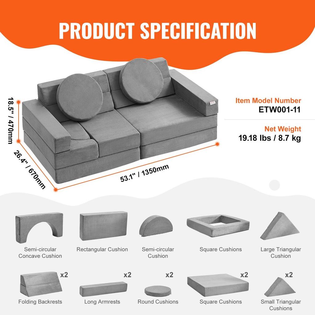 Play Couch, 15pcs Modular Kids Nugget Couch, Toddler Foam Sofa Couch with High-density 25D Sponge for Playing, Creativing, Sleeping, Imaginative Kids