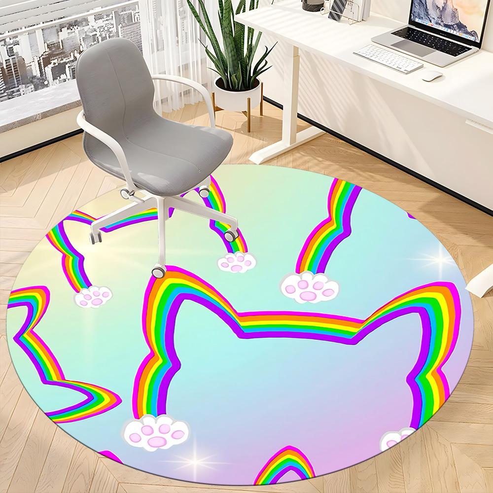 1pc Rainbow Cat Office Round Area Rug,  Mat Suitable ForOffice, Under Office Chairs Bedroom Living Room Home Decor, Room Deco